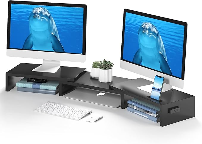 BONTEC Dual Monitor Stand Riser with Smartphone Holder, Adjustable Length & Swivel Angle, Ergonomic Wooden Desktop Organizer for PC Monitor, Laptop, Printer, Large Storage, 42.5 in, Black by BONTEC