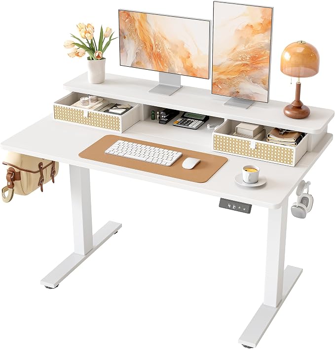 TIQLAB Standing Desk with Two Drawers, Stand Up Standing Desk Adjustable Height, Electric Sit Stand Table with Storage Shelf and Splice Board, 48 * 24 inch, White Wicker by TIQLAB