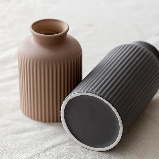 Large Modern Ceramic Vase Set, Black Ribbed Matte Finish, 3-Piece Decorative Vases for Home Living Room Office, 10 inch Tall, 4 inch Width (XL Black Mix) - Image 8