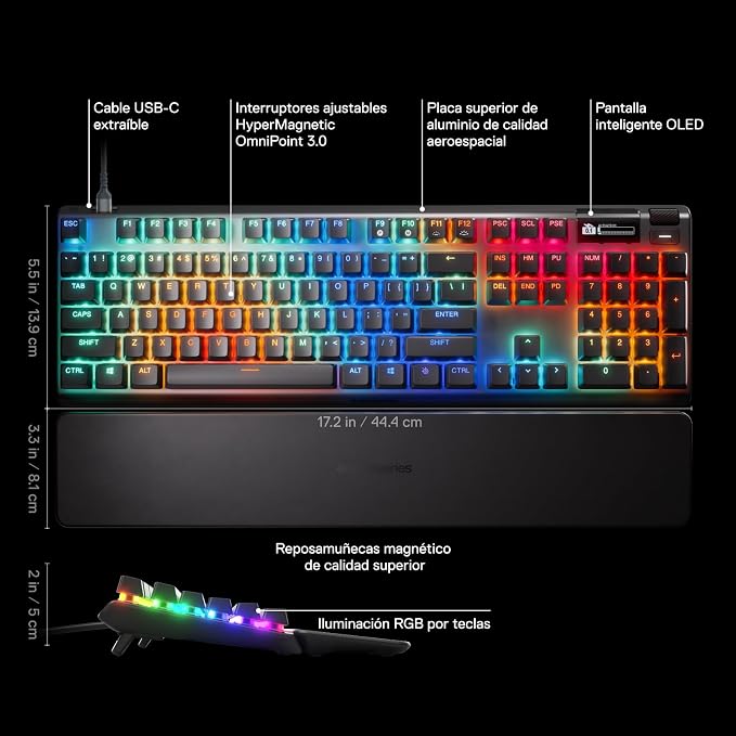 SteelSeries Apex Pro Gen 3 OmniPoint 3.0 HyperMagnetic Switches — Adjustable Actuation — Rapid Trigger — Game-Ready Presets — Protection Mode — Rapid Tap/SOCD — OLED — RGB — PBT Keycaps — USB-C - Image 3