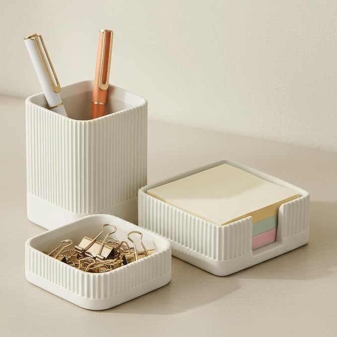 Aesthetic Desk Organizer Set of 3 For Your Office - Sturdy Concrete Desktop Accessories For Women or Men Enhance Any Office Decor - Set incl. Pen Holder, Paperclip Storage and Sticky Note Holder by KIBAGA