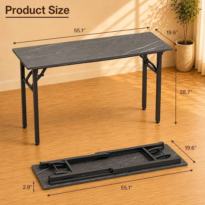 Folding Table Computer Desk - 55.1" No Assembly Folding Desk Design and Foldable Office Desk, Small Desk for Bedroom, Compact Storage Portable Use for Dorm and RV Small Space, Marble Greige - Image 3