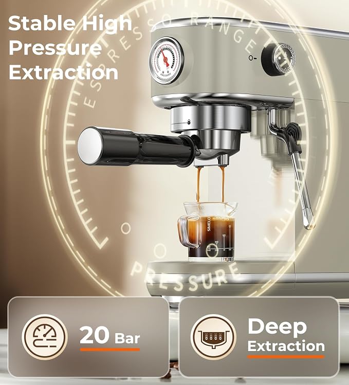 atatix 20 Bar Espresso Machine with Milk Frother, Compact Espresso Maker | Stainless Steel Coffee Machine with Precise Temp Control & 44oz Removable Water Tank for Latte, Cappuccino, Light Grey - Image 4