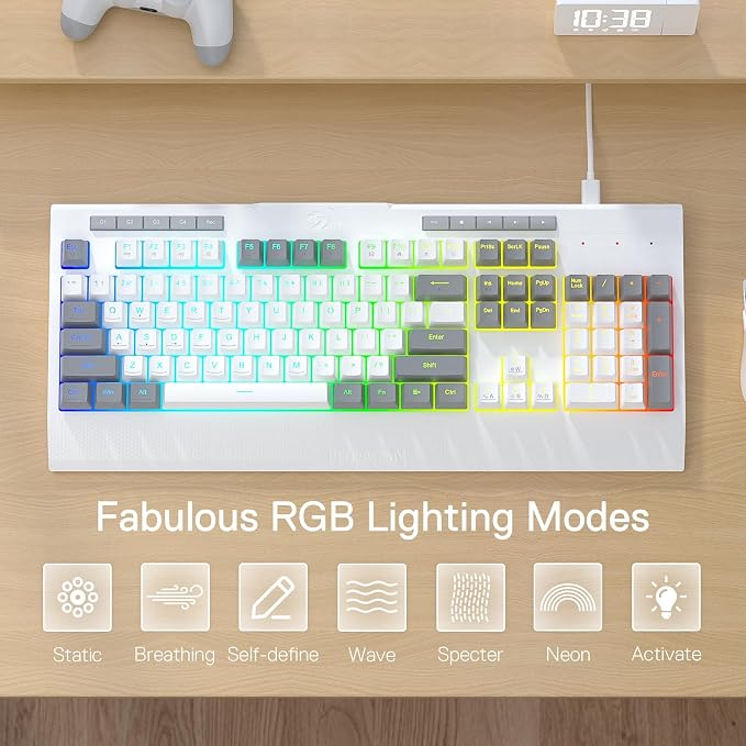 Redragon K525 RGB Backlit 104 Keys Wired Membrane Gaming Keyboard w/ 5 Multimedia Keys & 4 Extra On-Board Macro Keys, Dedicated Media Control, Ergonomic Wrist Rest, Linear Mechanical-Feel Switch - Image 7