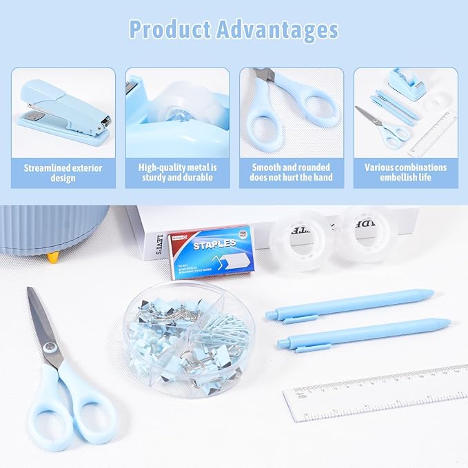 Gawsey Blue Desk Organizers and Accessories with Desk Organizer 360° Rotating Pen Holder and Office Supplies, Cute Stationery Supplies Set - Image 4