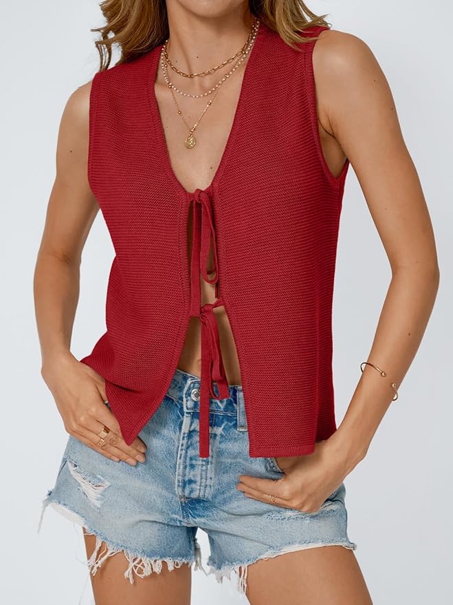 LILLUSORY Womens Tie Front Tops Vacation Sweater Vest | Bohemian Style, Beach Resort Wear, Concert Western Outfits, Crochet Tops, Vacation Outfits, Cute Y2k Sleeveless 2026 - Image 2