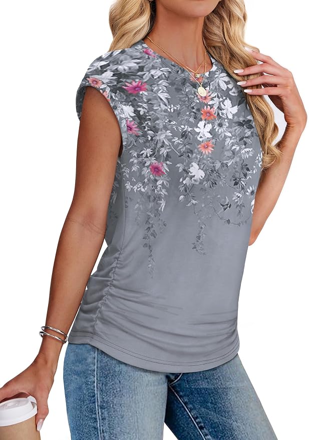 Sampeel Womens Summer Tops Trendy 2026 Ruched Cap Short Sleeve Tshirts Shirts Crew Neck T Shirts Fashion - Image 4