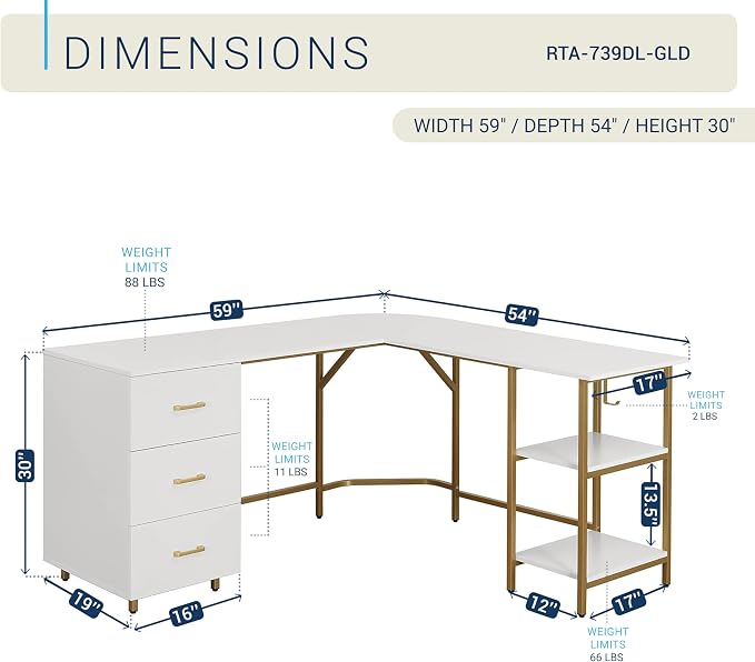Techni Mobili 59" Two-Tone L‑Shaped Office Desk with Storage Shelves, Gold | 59" two‑tone L‑shaped desk with storage shelves, durable frame, modern corner workstation, spacious home office writing space - Image 3
