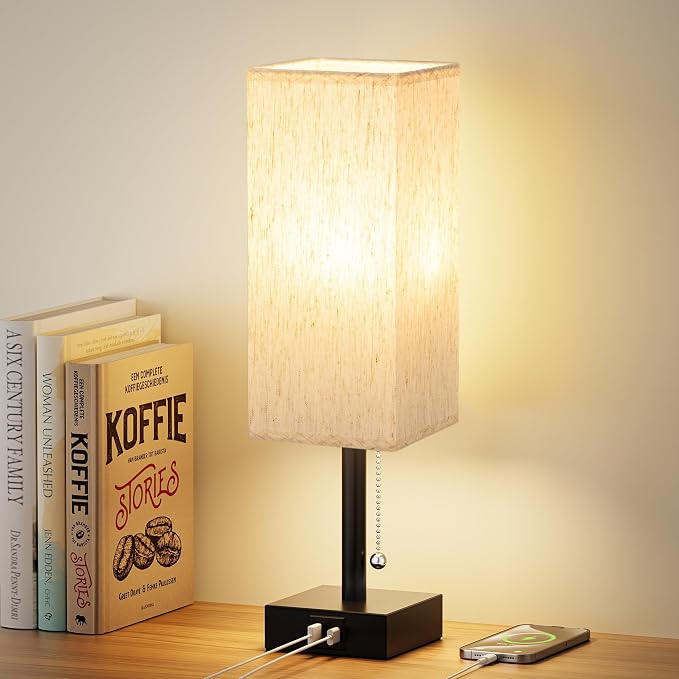 aooshine Pull Chain Small Table Lamp - 3 Color Temperature Bedside Lamp for Bedroom with USB Port, Minimalist Nightstand Lamp with Black Base, Desk Lamp for Kids Room Dorm, Bulb Included | Pull Chain Switch, LED Bulb Included, Cream Fabric Shade, 14.7"... by Aooshine