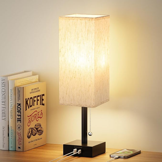 aooshine Pull Chain Small Table Lamp - 3 Color Temperature Bedside Lamp for Bedroom with USB Port, Minimalist Nightstand Lamp with Black Base, Desk Lamp for Kids Room Dorm, Bulb Included | Pull Chain Switch, LED Bulb Included, Cream Fabric Shade, 14.7"... by Aooshine