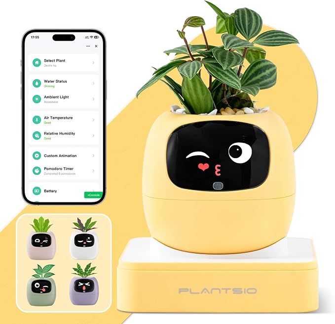 Upgraded AI Smart Flower Pot Multi-Emotion Interactive Digital Display Self Watering Planter Robot Flower Pot Supports 50+ Plants Decor for Desk Home Pet Office(Yellow) by PlantsIO