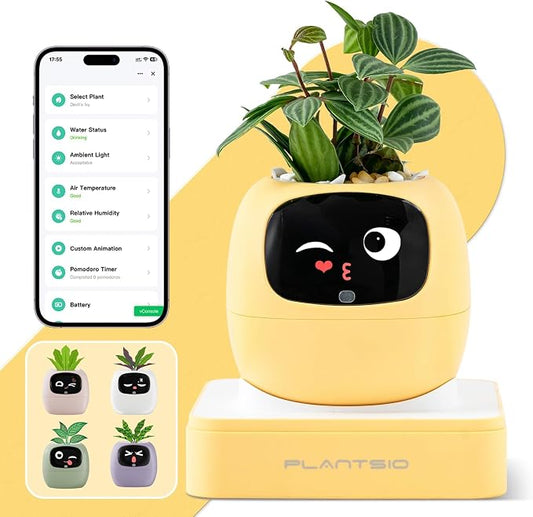 Upgraded AI Smart Flower Pot Multi-Emotion Interactive Digital Display Self Watering Planter Robot Flower Pot Supports 50+ Plants Decor for Desk Home Pet Office(Yellow) by PlantsIO