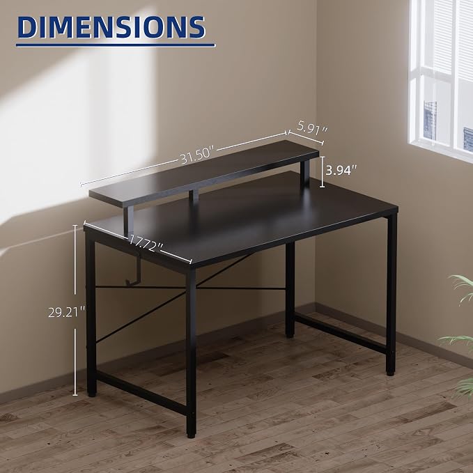 Pamray 32 Inch Small Computer Desk with Monitor Stand, Simple Office Desk with Headphone Hook for Small Spaces, Kids Study Writing Table for Bedroom, Grey - Image 3