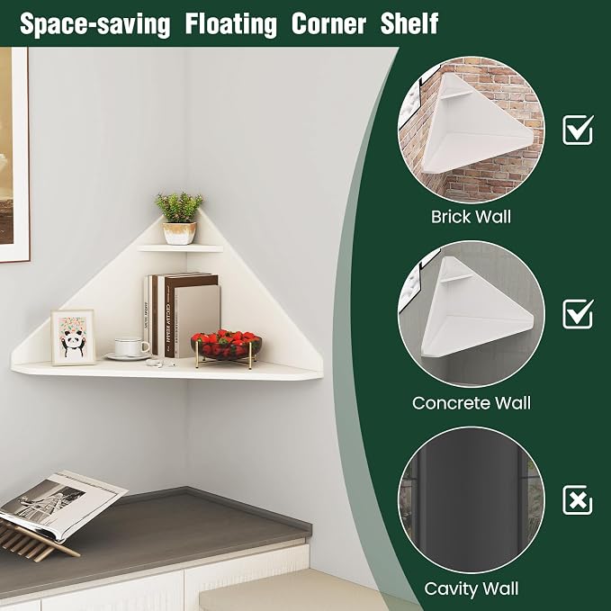 GOFLAME Floating Corner Desk, Wall Mounted Triangular Computer Desk w/Storage Shelf, Space-Saving Design, 90° Wooden Floating Home Office Desk for Writing, Working, Studying (White) - Image 5