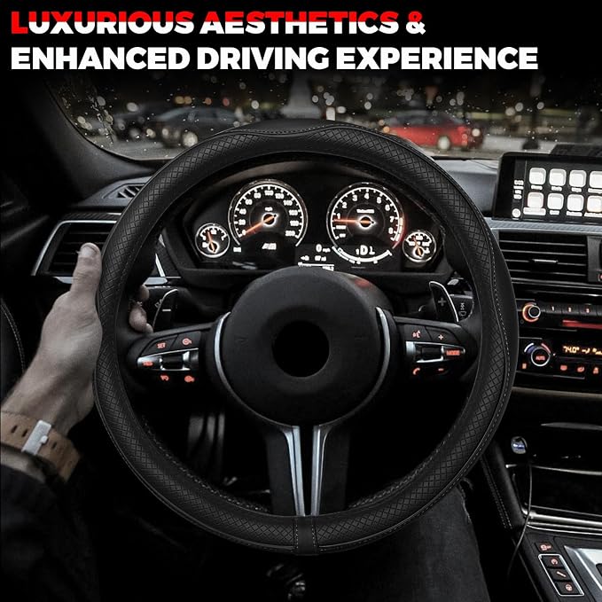 Ouzorp Car Steering Wheel Cover, Microfiber Leather Steering Wheel Covers with Anti-Slip Lining, Universal 14.5-15 inchs Black - Image 7