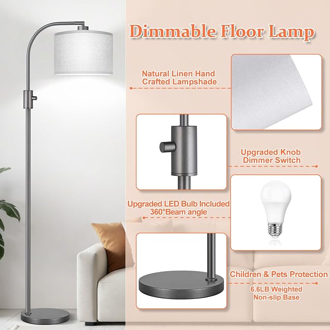 Nintiue Upgraded Modern Arc Dimmable Tall Standing Floor Lamp with Gray Shade, 1200 Lumens LED Bulb Included, for Living & Reading Room, Bedroom, Office & Nursery, Gray - Image 4