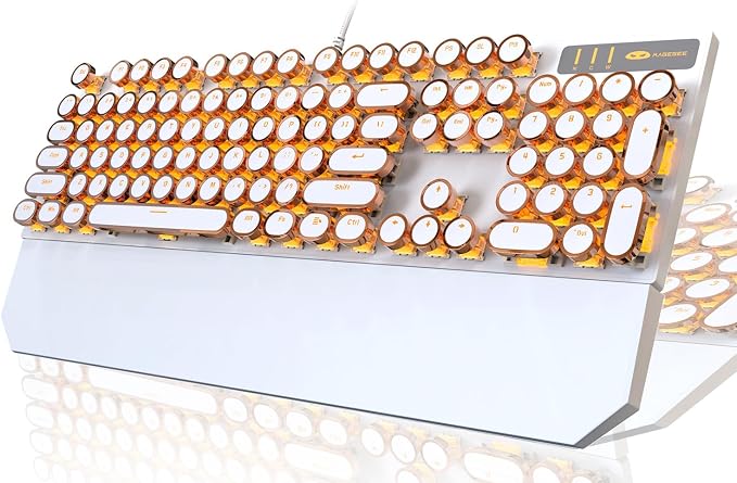 Camiysn Typewriter Style Mechanical Keyboard, Retro Punk Gaming Keyboard with Gold LED Backlit, Cute Wired Keyboards,104 Keys Full Size Keyboards, Uique Round Keycaps for Windows/Mac/PC(White&Gold) by Camiysn