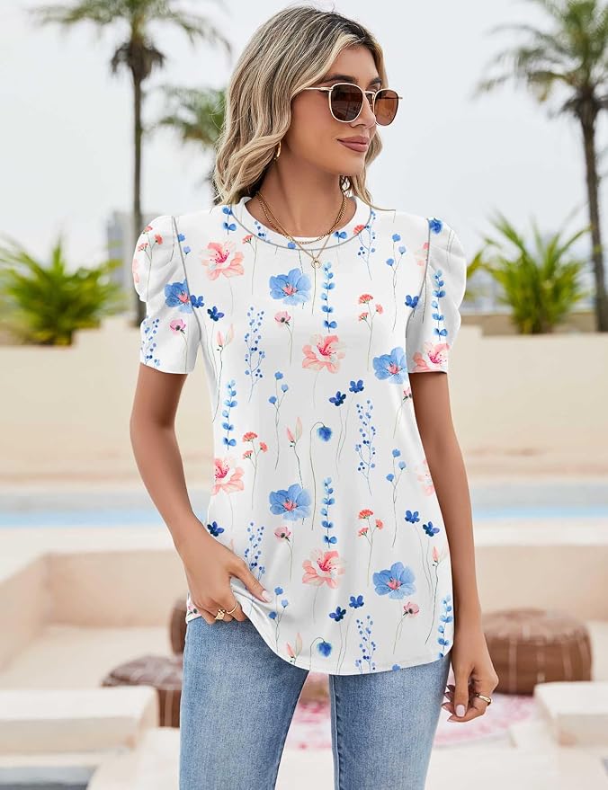 Ivicoer Puff Short Sleeve Shirt for Women Eyelet Tops Summer Crewneck Blouse Loose Fit S-XXL - Image 2