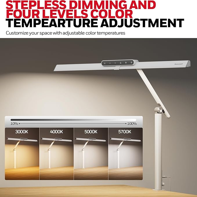 Honeywell HJ1 Sunturalux LED Clamp Desk Lamp 1200LM for Computer | CRI≥97, 4 Color Temps, Eye-Caring, Architect Task Lamp for Workbench, Reading, White - Image 5