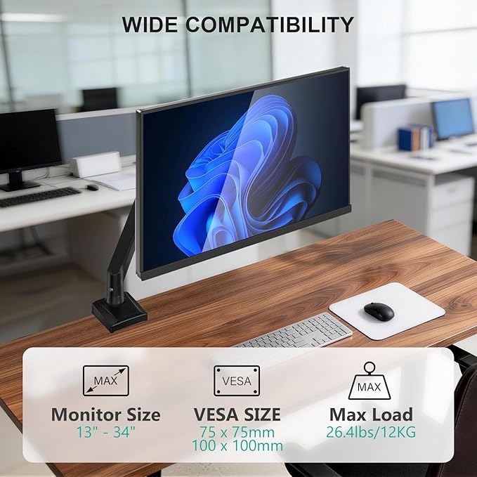 WALI Single Monitor Mount for 13-34 inch Screens, Adjustable Single Monitors Arm, Regular Screen up to 32 inch, 26.4lbs, Computer Monitor Stand for Desk, VESA 75/100mm (GSMP001N), Black - Image 2