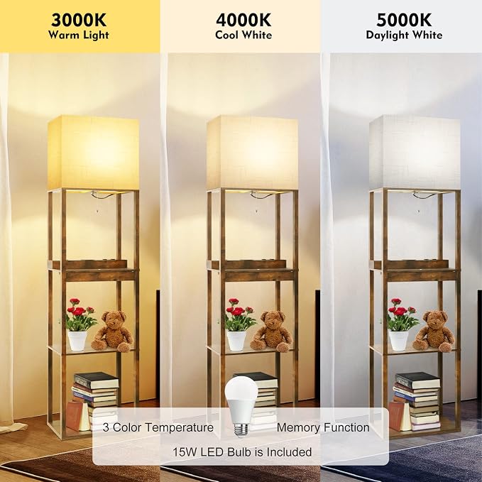 RUNTOP Floor Lamp with Shelves, Plus Shelf Lamp with Wireless Charger, 2 USB Port and Outlet, 1 Drawer, 15W LED Bulb, 3 Colors, Memory Function, Floor Lamps for Living Room, Standing Lamp for Bedroom - Image 4