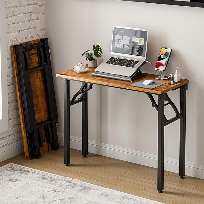 Frylr Small Folding Computer Desk – 35.8 Inch Portable Table for Craft and Study, Lightweight Desk for Small Spaces, Foldable Laptop Table Built-in AC/USB Outlets for Convenience, Rustic Brown by Frylr