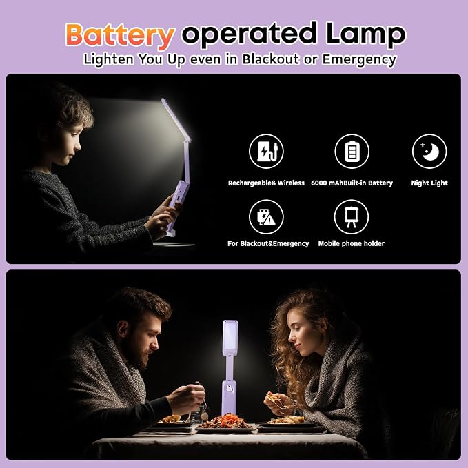 VAVOFO Cute Bunny Desk Lamp, Foldable LED Rechargeable Table Light, Eye-Caring Reading Lamp, 3 Color Modes & Dimmable, for Kids Girls Bedroom Study Dorm Room（Purple） - Image 9