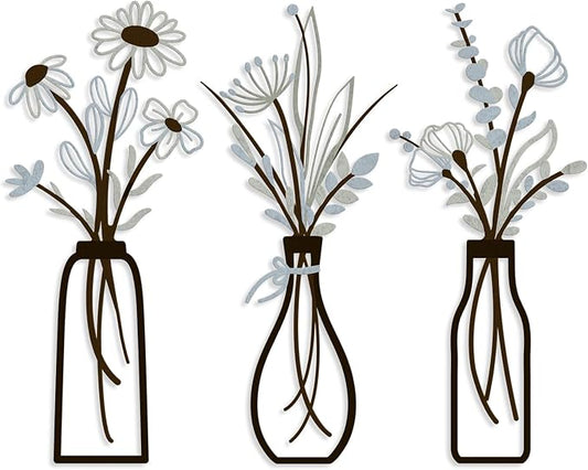 3 Pieces Metal Vase Flowers Wall Arts - Rustic Farmhouse Style Décor Metal Wall Art Black Minimalist Flower Natural Themed Wall Decors for Home Bedroom Dining Room Housewarming (Brown-Blue, Vase-C) by Artisinfiniteloveiseternaljustlikepi