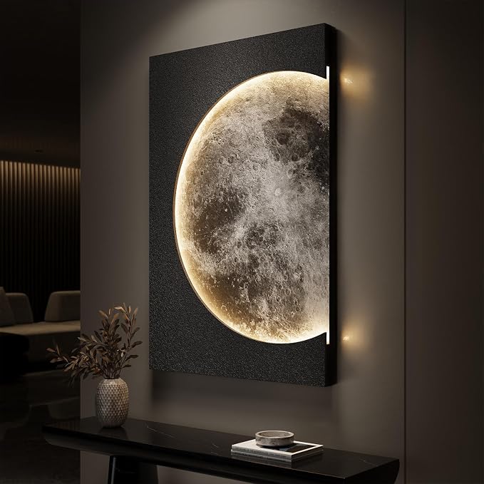Large 3D LED Moon Wall Art, Modern Minimalist Backlit Lighted Lunar Artwork for Walls, Vertical Contemporary Black Textured Paintings for Living Room Bedroom Dining Room Hallway Entryway Wall Decor 24x36 In by Cuspin