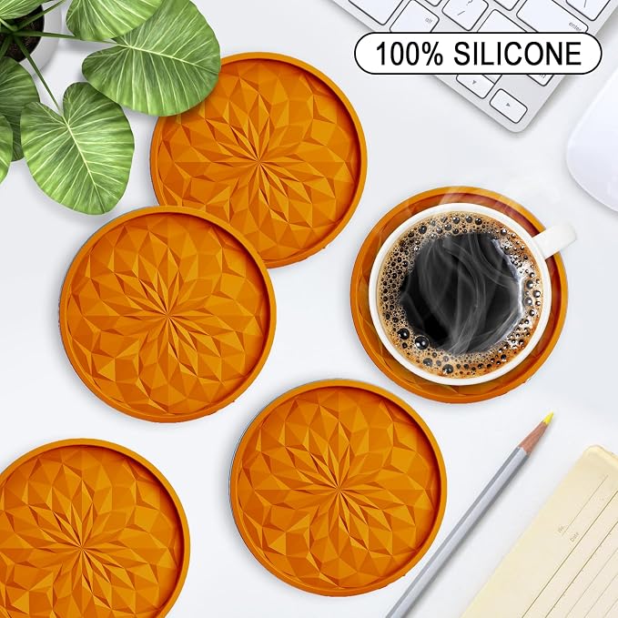 ME.FAN Silicone Coasters with Holder,[6 Pack] Drinking Coasters - Cup Mat for Hot or Cold Drinks, Thickened, Non-Slip, Non-stick,Deep Tray Orange - Image 2