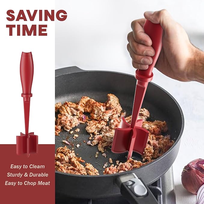 Meat Chopper, Upgrade Hamburger Smasher, Premium Heat Resistant Meat Masher for Ground Beef, Ground Turkey and More, Non Stick Mix Grinder-Red | Heat Resistant, 5 Nylon Blade, Burger Grinder Potato Mix Tool, Meat & Poultry Tenderizers, Dishwasher Safe,... - Image 4