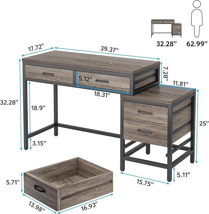 Tribesigns Computer Desk with 5 Drawers, Reversible Home Office Desks | Small Desk with Drawer Cabinet Printer Stand, PC Desk with Storage, Grey Study Writing Table Workstation for Small Spaces - Image 3