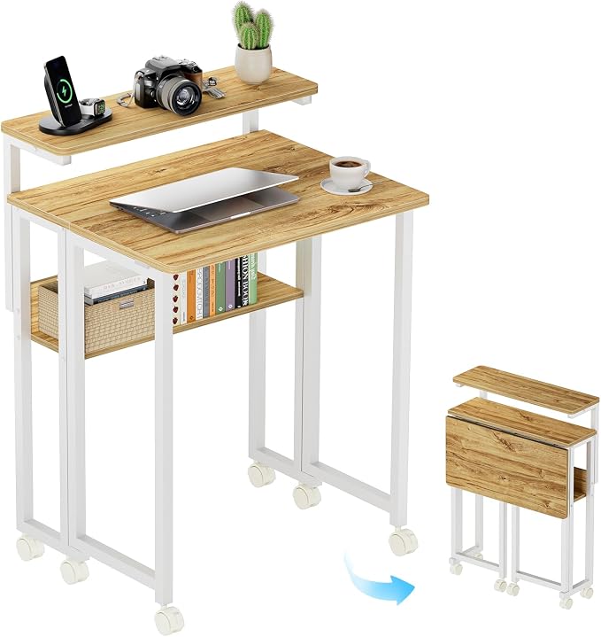 GreenForest Folding Desk with Adjustable Monitor Stand, 24.8 in Small Desk | Storage Shelf, Lockable Wheels, Portable, Space Saving, Mobile Rolling Table for Small Spaces, Home Office, Writing, Oak by GreenForest