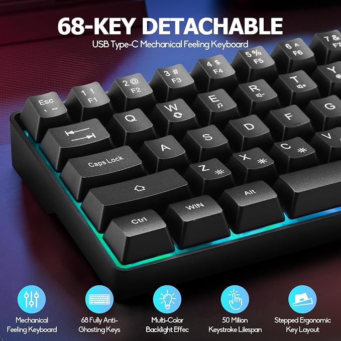 Guiheng Wired Portable 60% Mechanical Feeling Gaming Keyboard,RGB LED Backlit Compact 68 Keys Mini Wired Office Keyboard with Red Switch for Windows Laptop PC Mac - Black - Image 5