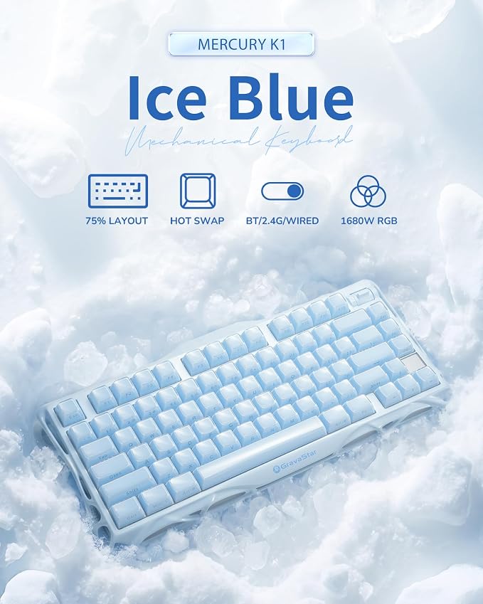 GravaStar Mercury K1 75% Wireless Mechanical Gaming Keyboard RGB Backlit | Gasket Mount, Hot Swappable Linear Switches, Creamy Sound Keyboard, 2.4GHz/USB-C/Bluetooth 5.0, for Win/Mac【Ice Blue】 - Image 3