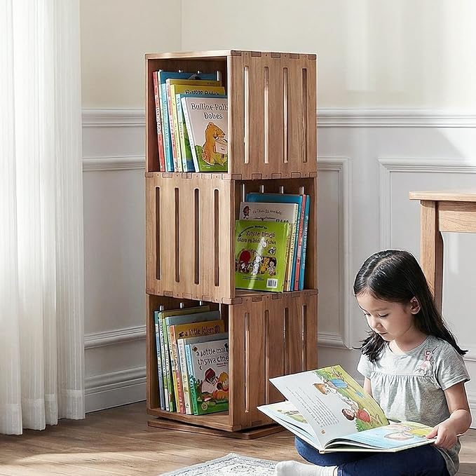 Wooden Rotating Bookshelf, 360°Spinning Deep-Bin Tower for Art Books&Large Formats, Solid Wood Revolving Bookcase, Floor Standing Storage Rack,Corner Organizer,Small Space,study,Office, 3-Tier - Image 8