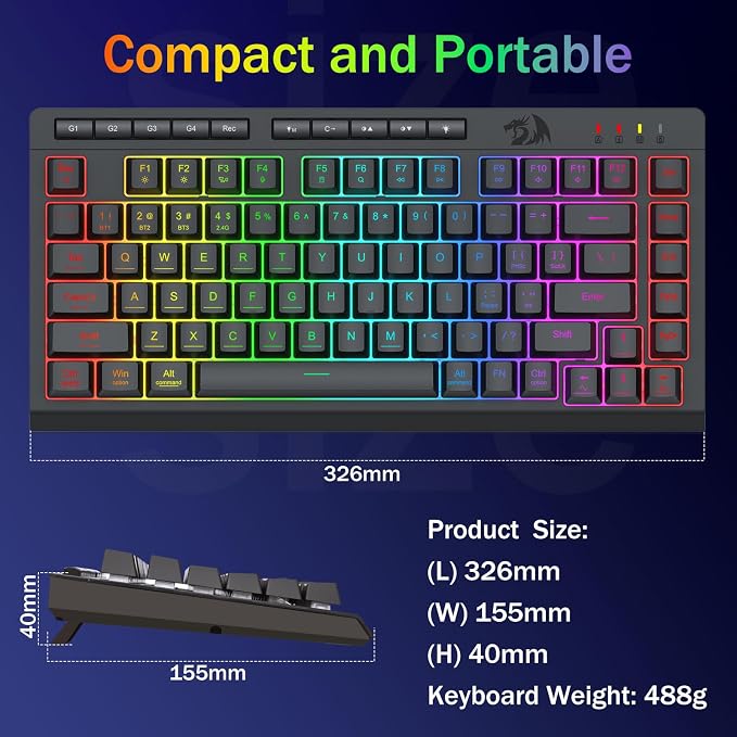 Redragon Wireless Gaming Keyboard, RGB Backlit, Portable 75% Design, Black | Bluetooth/2.4GHz/USB-C Wired, Mini Quiet Macro Membrane Keyboard, Rechargeable 4000mAh Battery, Anti-Ghosting for Win/MAC - Image 9