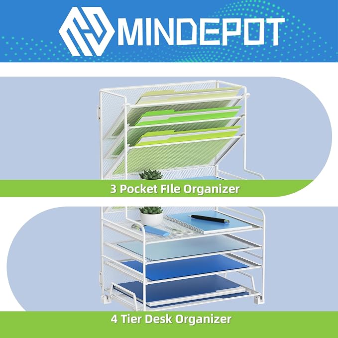 MINDEPOT 4-Tier Paper Organizer + 3-Pocket File Holder + Drawer + Pen Holders, Desktop File Organizers Paper Tray for Office Supplies School Classroom Organization (White, no Drawer & Pen Holder) - Image 3