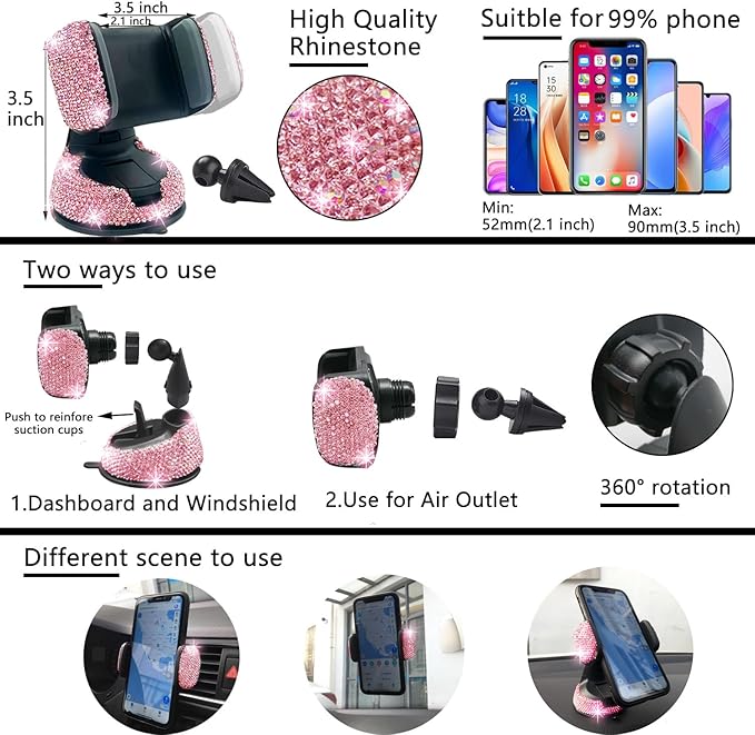 NBTEPEM 27-Piece Bling Car Accessories Set - Universal Fit Steering Wheel Covers, License Plate Frames, Phone Holder, Car Fast Charger, Coasters (Pink) - Image 5