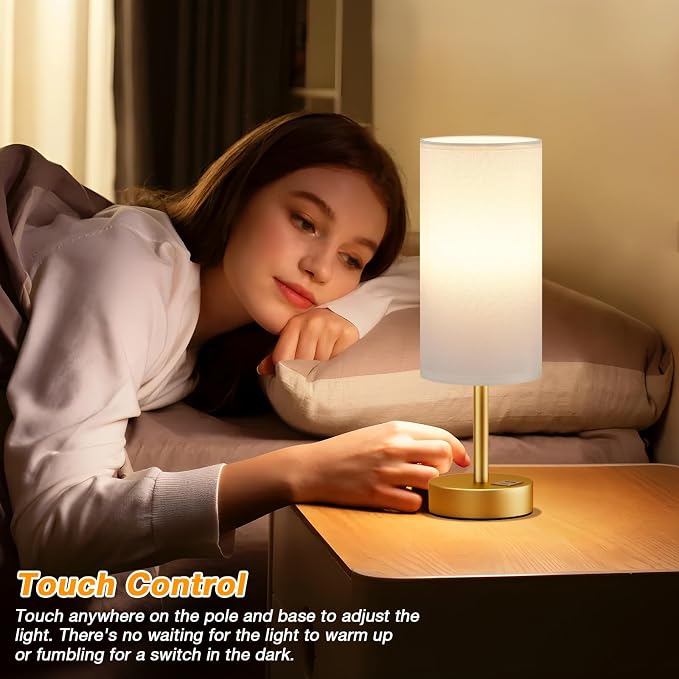 Dicoool Bedside Table Lamp for Bedroom - 3-Way Dimmable Touch Lamp, USB A+C | LED Bulb Included, 14" Small Nightstand Lamp for Desk, Living Room, Guest Room, White Fabric Lampshade, Gold Metal Base - Image 2