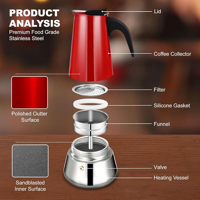 6 Cup Stovetop Espresso Maker Stainless Steel Moka Pot Stove Top Percolator Italian Coffee Makers Capable Mocha Greca Machine Cafe Classic Induction Cookers for Home and Camping 300ml 10oz - Image 4
