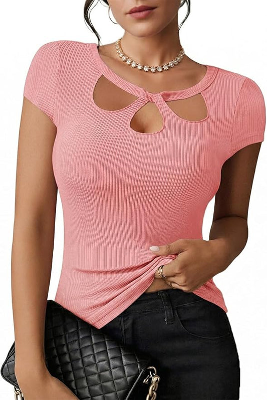 Pink Queen Sexy Tops for Women Cutout Keyhole Neck Cap Sleeve Shirts Casual Summer Clothes 2026 Fashion by PinkQueen