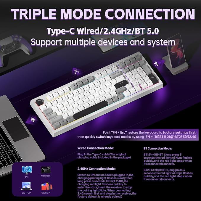 LEOBOG x Aula Wireless Keyboard 98 Keys Membrane Computer Keyboards | Silent Keyboard, 2000mAh Creamy Keyboard with Number Pad, Tri-Mode BT/2.4GHz/USB-C Connection for PC MAC Office Dorm Rooms - Image 3