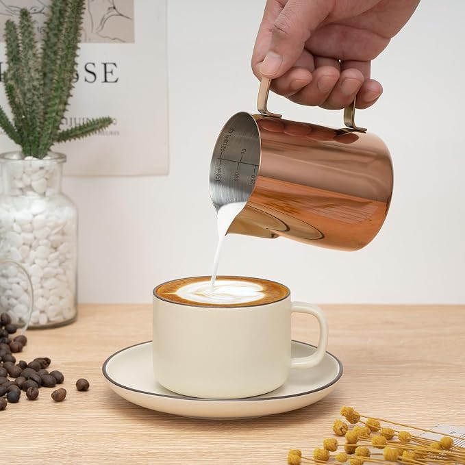 Amrules Milk Frothing Pitcher, 12 oz Milk Frother Cup with Clear Scale, 304 Stainless Steel Cappuccino Espresso Machine Accessories for Barista Coffee Bar with Latte Art Pen, Rose Gold - Image 7