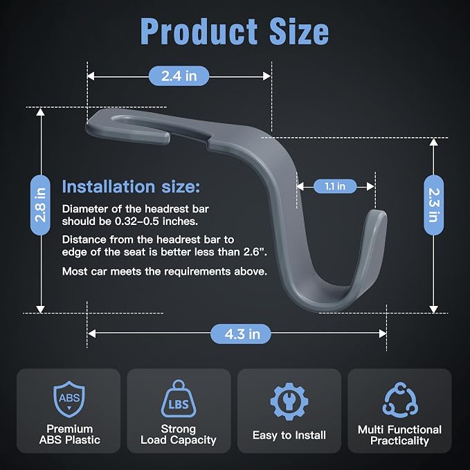 Amooca Car Seat Headrest Hook 4 Pack Hanger Universal Vehicle Car Storage Organizer for Handbag Purse Coat S Type Grey - Image 5