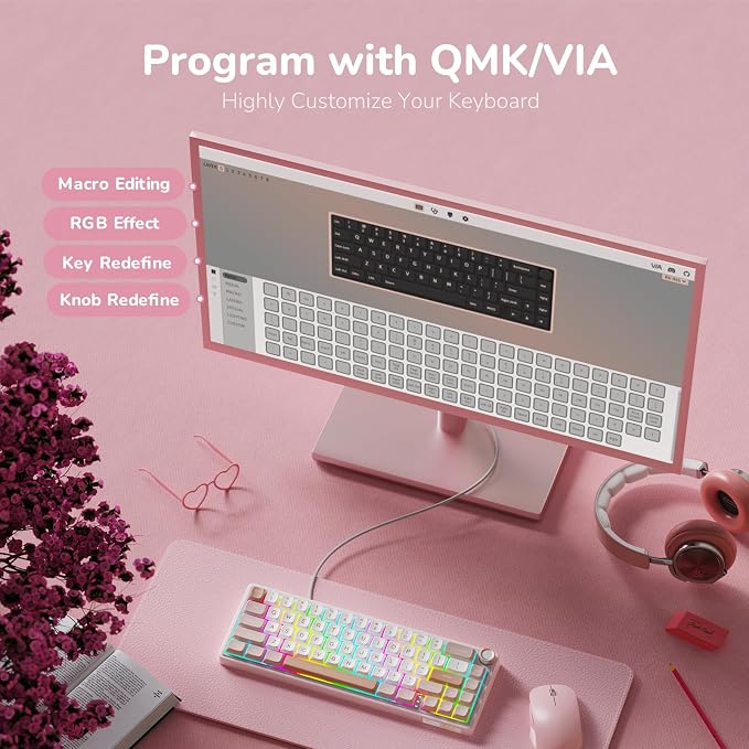 RK ROYAL KLUDGE R65 Wired Mechanical Keyboard with Volume Knob, 60% Percent RGB Backlit Gasket Mount Gaming Keyboard with PBT Keycaps, MDA Profile, QMK/VIA, 66 Keys Hot Swappable Cream Switch, Pink - Image 8