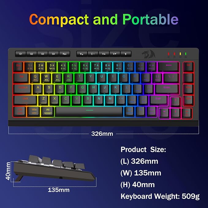 Redragon Wireless Gaming Keyboard, RGB Backlit, Portable 60% Design, Black | Bluetooth/2.4GHz/USB-C Wired, Mini Quiet Macro Membrane Keyboard, Rechargeable 4000mAh Battery, Anti-Ghosting for Win/MAC - Image 7
