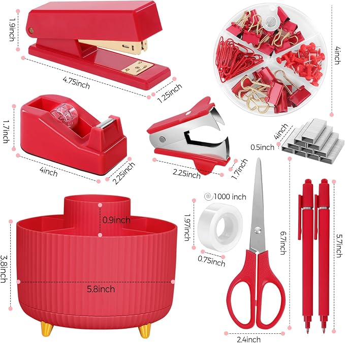 SKYDUE Red Office Supplies Set, Pencil Holder for Desk, Stapler, Tape Dispenser, Scissors,Clips and 1000pcs Staples, Office Decor for Women, Red Desk Accessories - Image 8