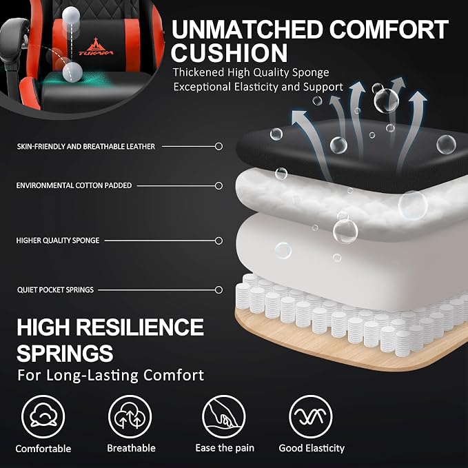 Gaming Chair,Ergonomic Massage Office Desk Chair with Footrest,Red | Pocket Spring Cushion,Reclining,Thick High Back,Headrest and Lumbar Support,Adjustable Leather Computer Chair Gamer Chair - Image 4