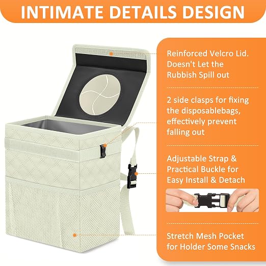 Vankor White Car Trash Can Cute, White Car Accessories for Women Waterproof Automotive Garbage Cans Leak Proof Vehicle Trash Can Diamond Pattern-Beige - Image 4